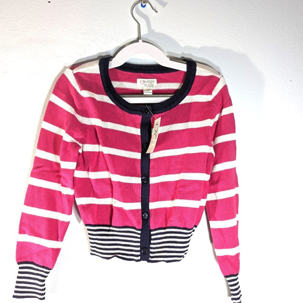 The Children's Place Girls Knit Sweater PINK Black White Striped Cardiga… - Picture 2 of 4
